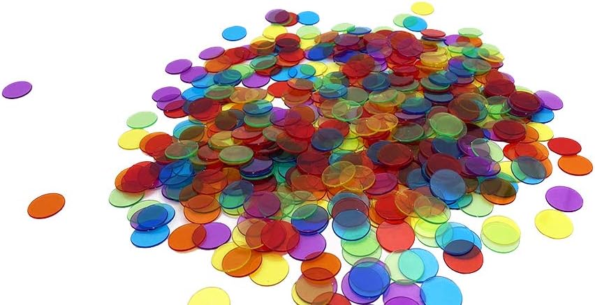 JUNWRROW 500 Pieces 3/4 inch Transparent 6 Color Bingo Counting Chips with Bag