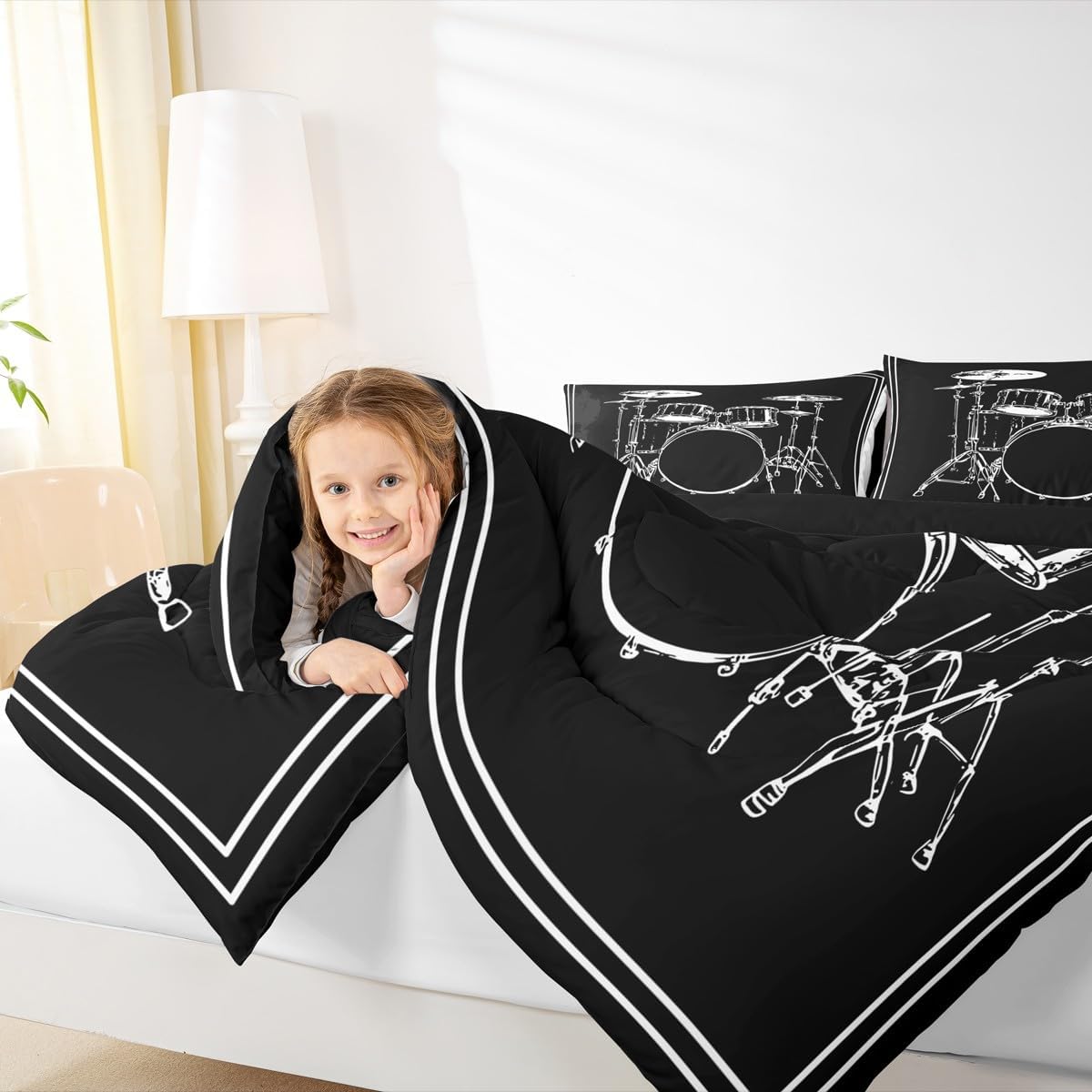 Erosebridal Drum Kit 3D Print Kids Comforter Sets Rock Music Themed Full Bedding Set for Boys Girls Musical Pattern Comforter Set,Colorful Retro Style Quilt Duvet 3 Pcs