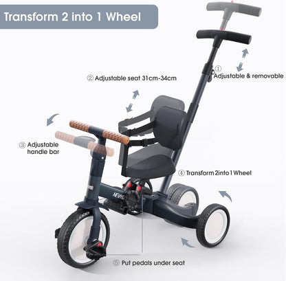 newyoo Toddler Tricycle with Push Handle for 1-3 Year Old, Toddler Bike, Birthday Gift and Toy for Boys and Girls, 5 in 1 Kids Trike, Balance Bike with Backrest and Safety Belt, Khaki, TR007