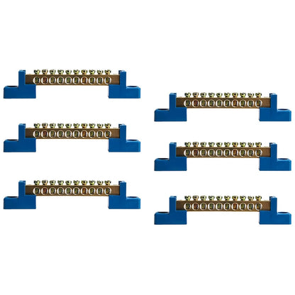 10 Positions Terminal Bus Bar Block 6 Pack Brass Wire Screw for Car Boat Marine Ground Power Distribution Grounding Electrical Bars Strip Block for 12V-110V, Blue