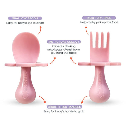Grabease Baby Feeding Utensils - Anti-Choke Collar & Toddler Fork for Ages 1-3 - Easy-Grip Curved Handle Infant Spoon - Dishwasher-Safe Convenience & Baby Cutlery - Teal