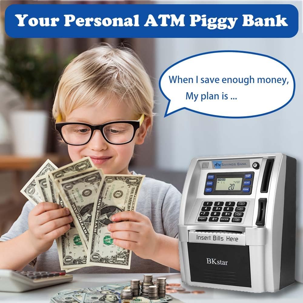 BKstar Kids Talking ATM Piggy Bank for Real Money with Dual Debit Cards, Power-Off Memory, Auto-Opening Drawer, Onekey Shutdown, Bill Feeder, Coin Recognition, Balance Calculator Machine
