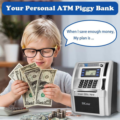 BKstar Kids Talking ATM Piggy Bank for Real Money with Dual Debit Cards, Power-Off Memory, Auto-Opening Drawer, Onekey Shutdown, Bill Feeder, Coin Recognition, Balance Calculator Machine