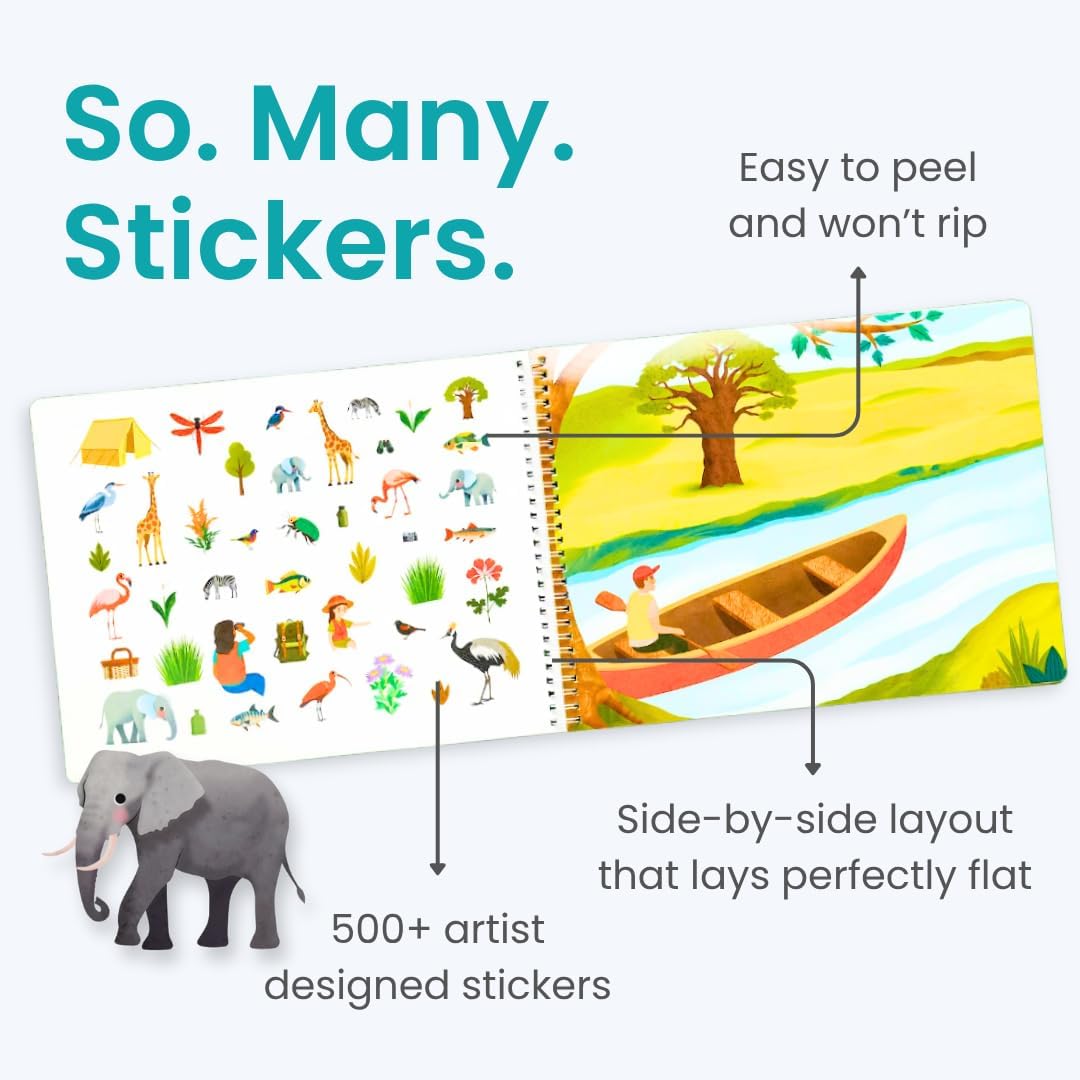 Animals Habitat 500+ Kids Sticker Book by Cupkin Toddler Airplane Travel Activity Coloring and Sticker Book, Road Trip Essentials, 12 Coloring Pages + 12 Scenes for Ages 2–8 Years - Colors A