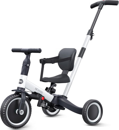 newyoo Toddler Tricycle with Push Handle for 1-3 Year Old, Toddler Bike, Birthday Gift and Toy for Boys and Girls, 5 in 1 Kids Trike, Balance Bike with Backrest and Safety Belt, Khaki, TR007