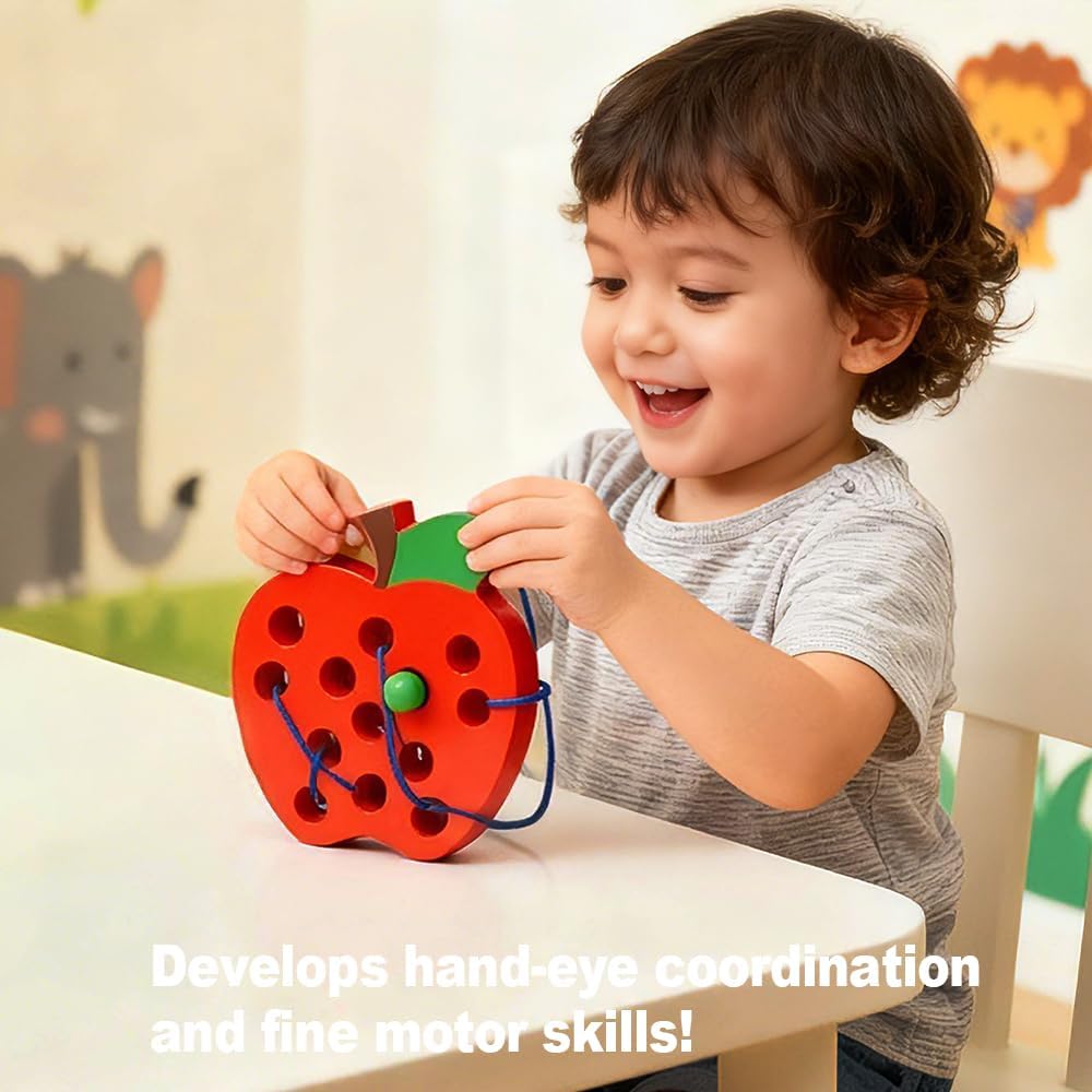 Lacing Toys for Toddlers,Wooden Threading Apple Baby Travel Toys,Montessori Education Sensory Learning Fine Motor Skills, Wooden Block Puzzle Gifts for 3 Year Old Baby Kids Boys Girls