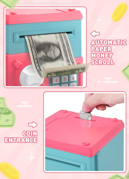 Playsheek Piggy Bank for Girls Boys Large Electronic Money Coin Banks with Password Protection, Automatic Paper Money Scroll Saving Box, Great Gift for Kids(Black-White)