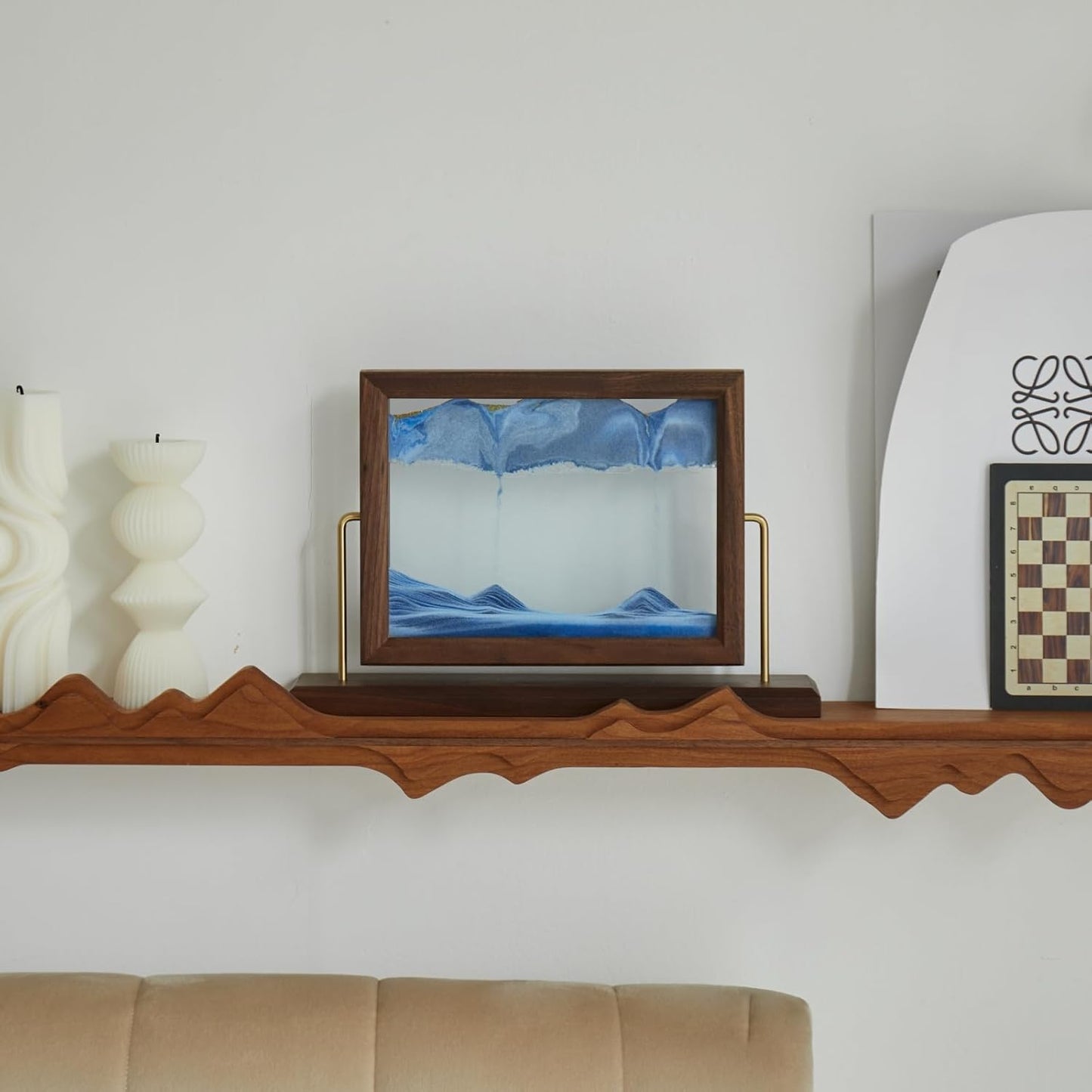 Solid Wood Oasis Mini Art Liquid Motion 360-Degree Rotation, Made of Black Walnut and H62 Brass, 3D Highly Transparent Office Decor (Desert)