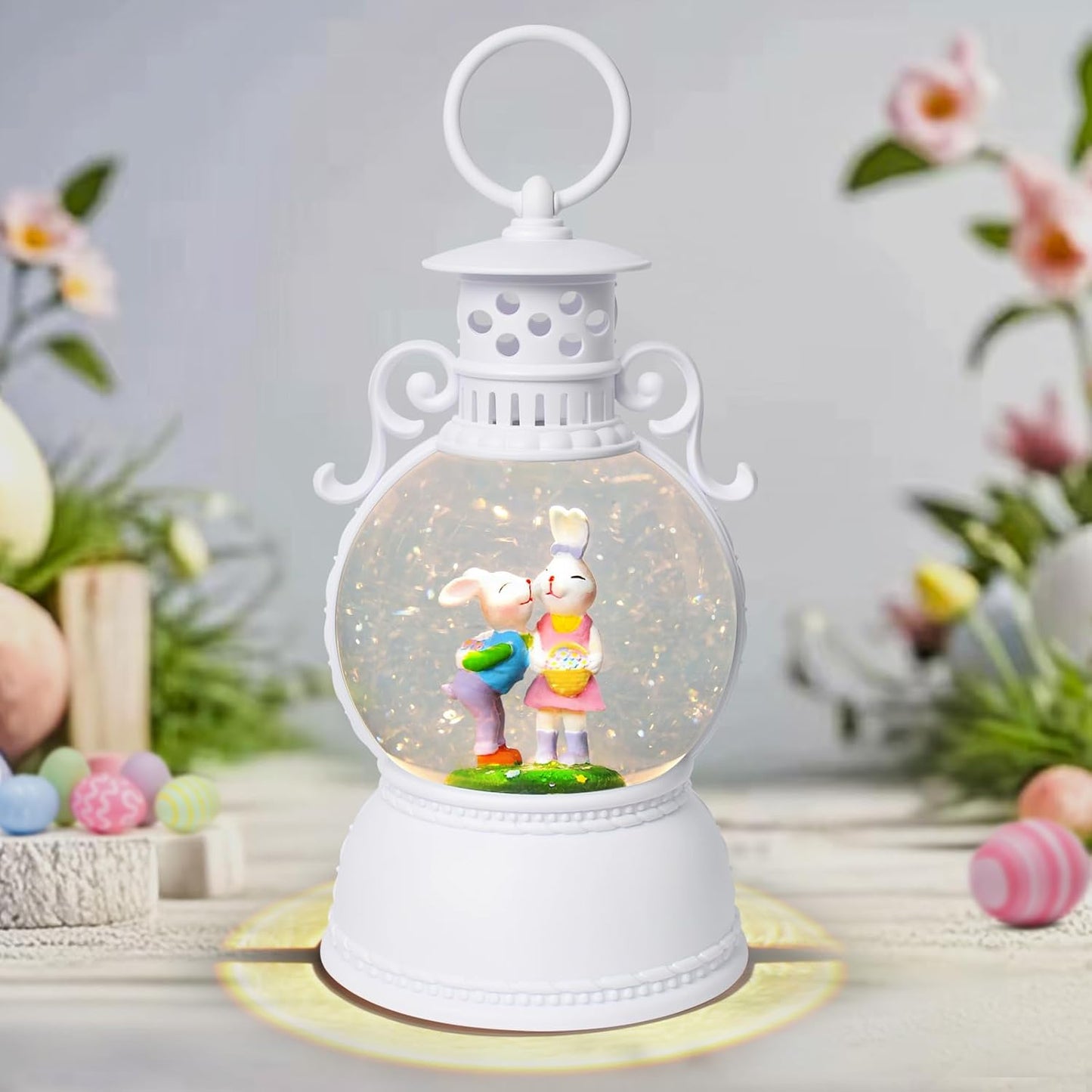 Easter Snow Globe Lantern, 9.4" Bunny Couple Lighted Snow Lantern with 6-Hour Timer, Battery or USB Powered, Spring Easter Decorations for Home, Easter Bunny Gift & Blue Easter Decor