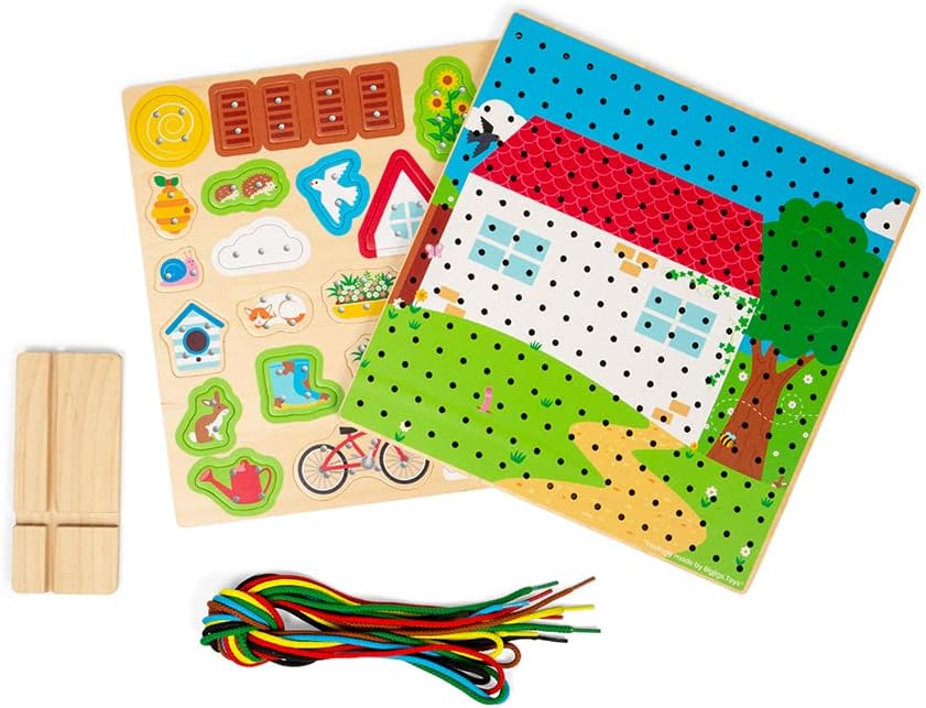 Bigjigs Toys House Lace-a-Shape Game - 30 Geometric Shape Lacing Cards & 6 Laces, Fine Motor Skills Toys, Threading Toys for 2+ Year Olds, Ideal Early Learning & Threading Toddler Toy
