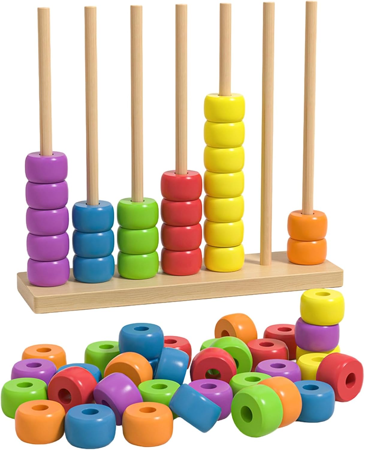 Color Matching Stacking Puzzle Game, Wooden Color Stack Challenge Game with Racks, 60 Rings, Fast Pattern Challenge Ring Stack Puzzle for Family Game Night (1 Set for 1 Player)
