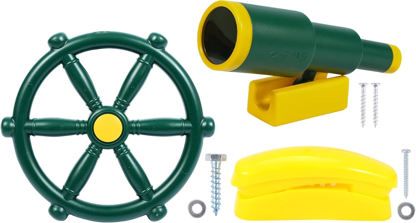 RedSwing Playground Accessories for Kids, Outdoor Swingset Attachments with Pirate Ship Wheel, Toy Telescope, Telephone and Safety Handles (Yellow and Green)