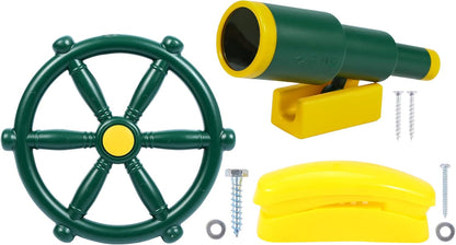 RedSwing Playground Accessories for Kids, Outdoor Swingset Attachments with Pirate Ship Wheel, Toy Telescope, Telephone and Safety Handles (Yellow and Green)