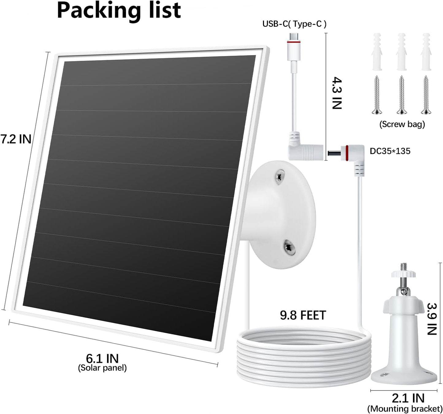 6W Solar Panel for Outdoor Security Camera with Micro USB & USB - C Port, Solar Panel Charger for Battery Camera, Fits Wyze/Reolink DC 5V Output, IP65/360° Adjustable, 9.8ft Cable, Fast Charging