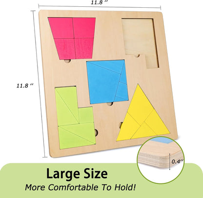 KINGOU 4 in 1 Wooden Tangram Puzzles for Kids Ages 3-8, 8 Play Modes Large Pattern Blocks Logic IQ Game, Montessori STEM Jigsaw Toy for Home & Classroom