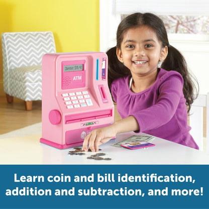 Learning Resources Pretend & Play Teaching ATM Bank, Pink - Play Money for Kids, Children's Banks, Electronic ATM Piggy Bank, Money Management for Kids, Coin Machine Toys