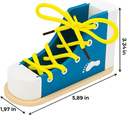 Learn to Tie Shoes for Kids with Wooden Lacing Shoe Tying Kids Shoe Tying Practice Kit with Wooden Toys Blue