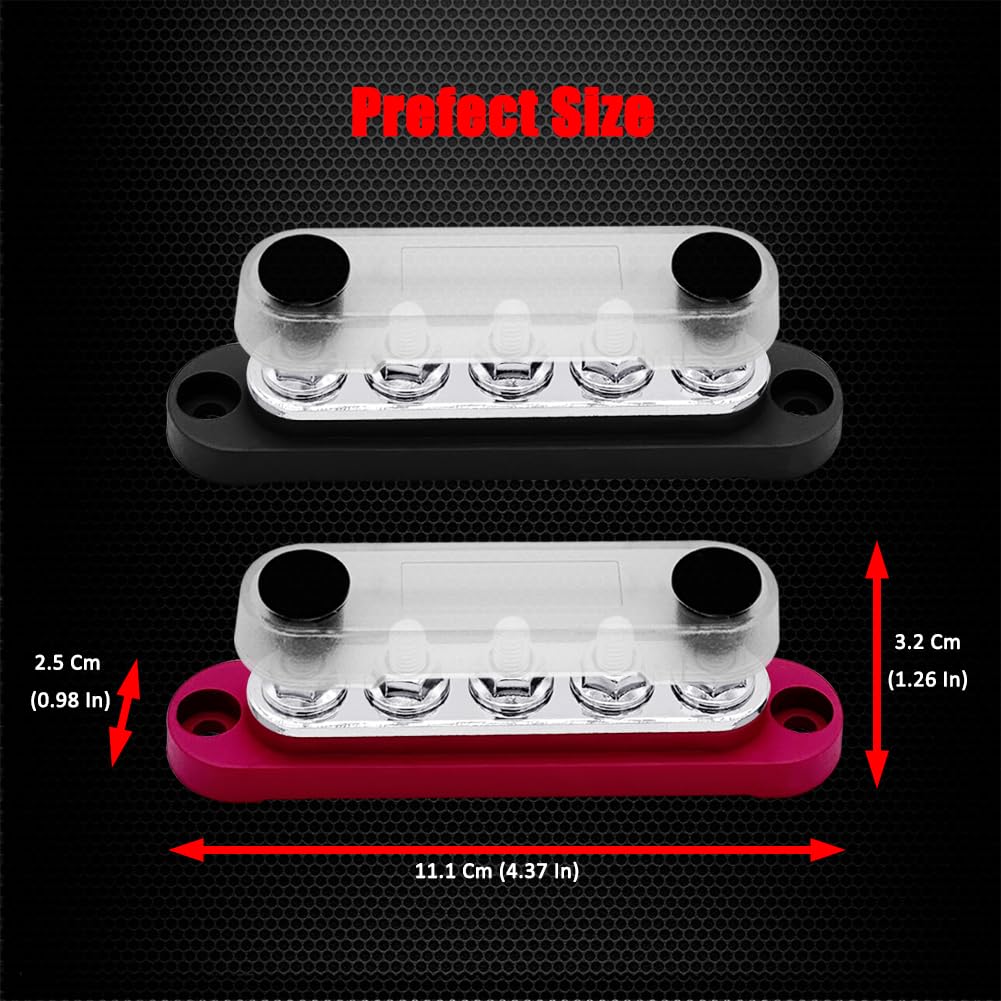 2 x #10 (M5) Studs Power Distribution Block with 5 x #8 (M4) Screws, Ampper 4.2" Bus Bar 12V Power Distribution Terminal Block Battery Busbar for Car Audio Solar (Red & Black)