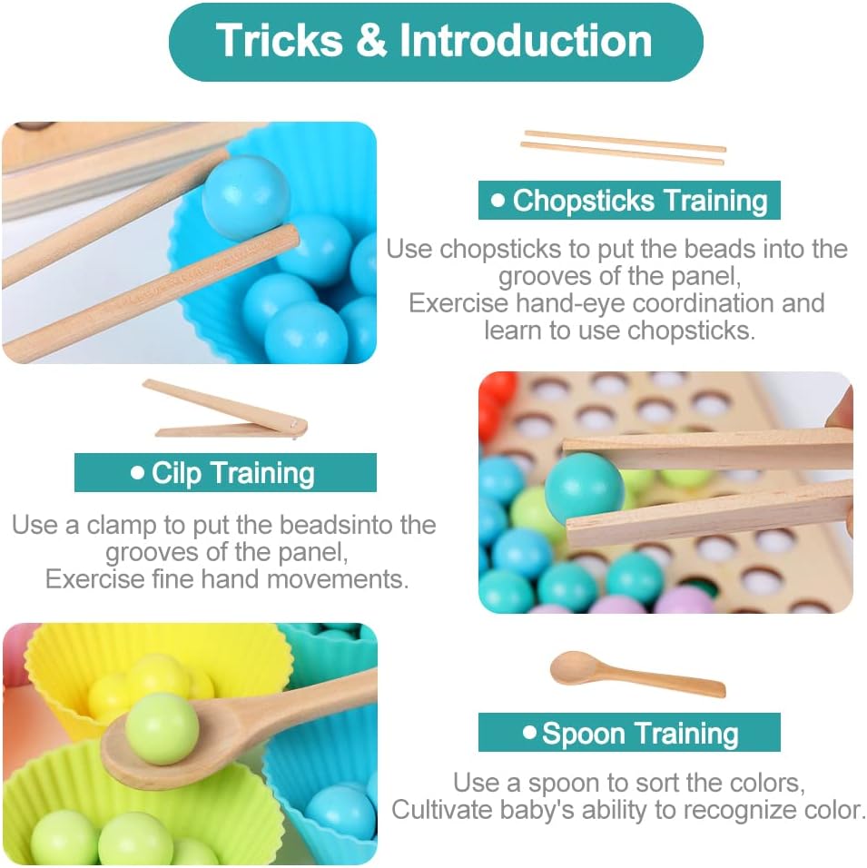 Kids Wooden Toy, Children's Toys for 3 Years Old, Montessori Board, Fine Motor Early Education Color Recognition Chopsticks Clip Beads Hands Brain Training