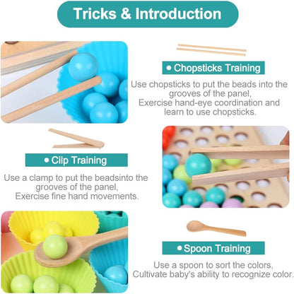Kids Wooden Toy, Children's Toys for 3 Years Old, Montessori Board, Fine Motor Early Education Color Recognition Chopsticks Clip Beads Hands Brain Training