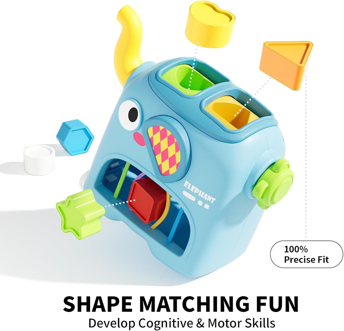 SOCBTNSO Elephant Interactive Shape Sorter Toys for 18 Months+, Montessori Matching & Sorting Toys with 6 Sensory Shape Blocks, Developmental Infant Birthday Gifts for Learning Toddler