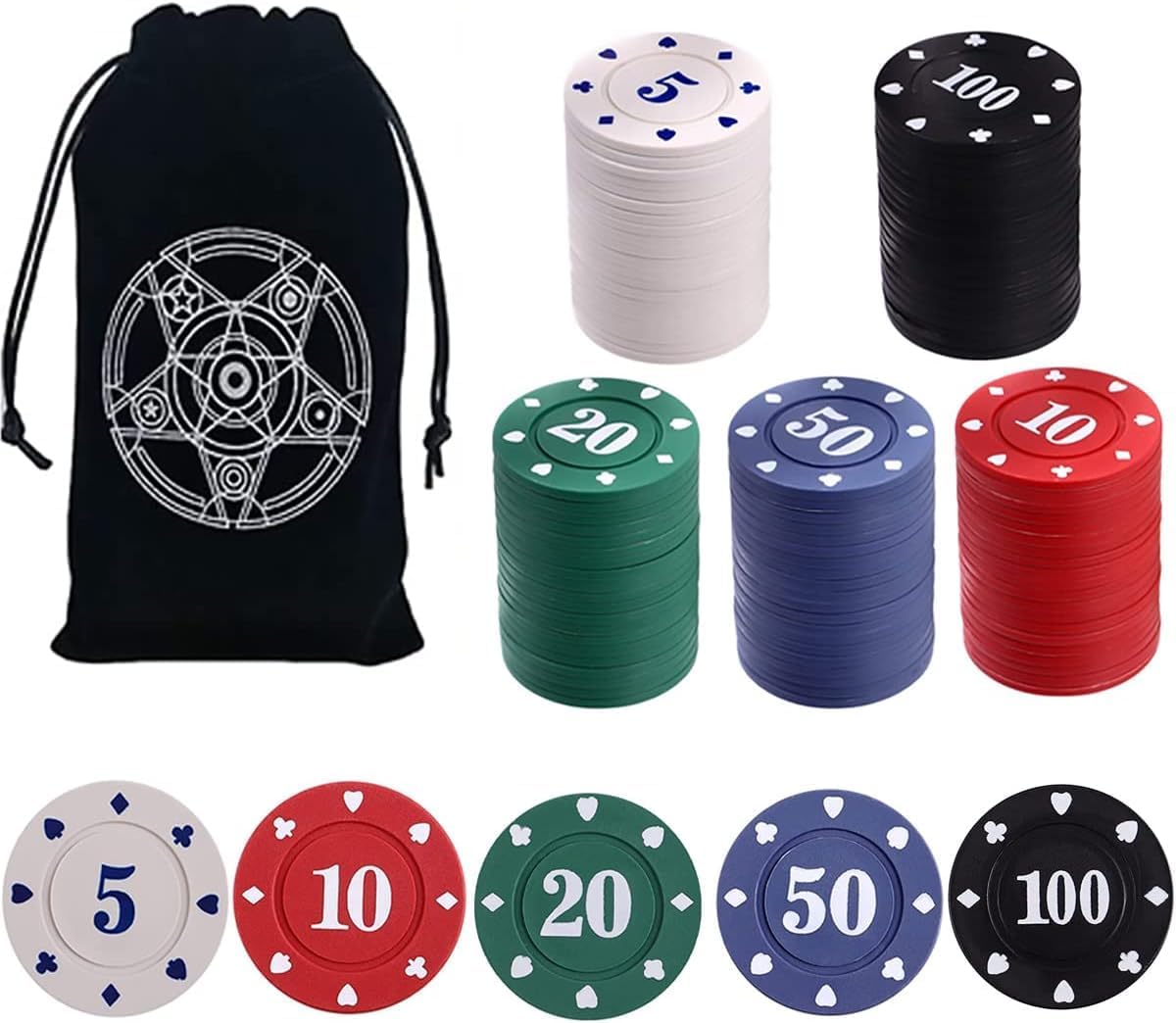 IXIGER 300Pcs Poker Chips, Plastic Casino Chips Set with Black Velvet Pouch Bag, Bulk Clay Fichas de Poker for Blackjack, Math Counting Chips, Texas Hold'em, Night Poker Games