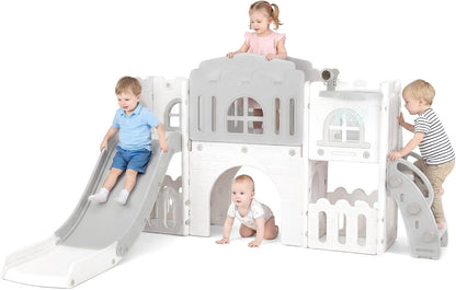 OLAKIDS Toddler Slide and Swing Set, 7 in 1 Kids Indoor Outdoor Playground with Climber Basketball Hoop Telescope Toy Storage for Boys Girls Aged 1+ (Grey)