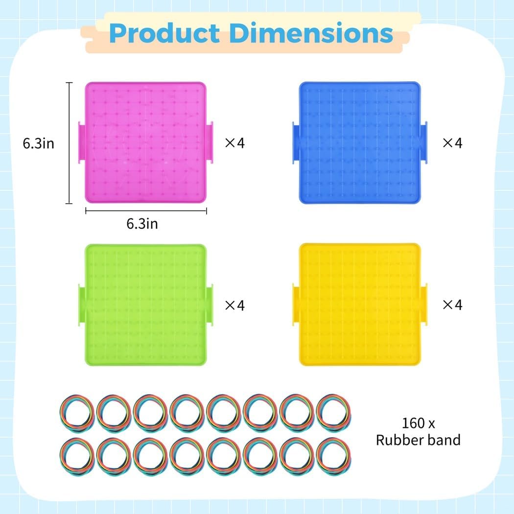 Generic 16 Pieces Double-Sided Geoboard with 160 Rubber Bands, Math Manipulatives Educational Toys, Toys for Shape Learning, Geometry, Math Hands-On Ability