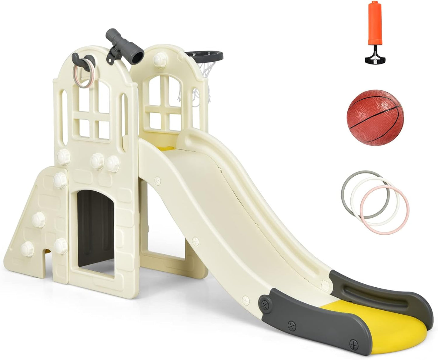 BABY JOY Toddler Slide, 6-in-1 Indoor Kids Slide Playset with Basketball Hoop, Telescope, Climbing Ladder & Storage Space, Freestanding Playhouse & Climber for Kids Aged 1-3 (Pink)