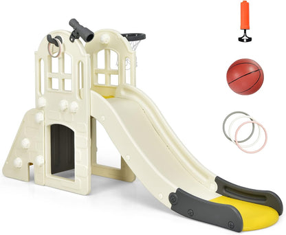 BABY JOY Toddler Slide, 6-in-1 Indoor Kids Slide Playset with Basketball Hoop, Telescope, Climbing Ladder & Storage Space, Freestanding Playhouse & Climber for Kids Aged 1-3 (Pink)