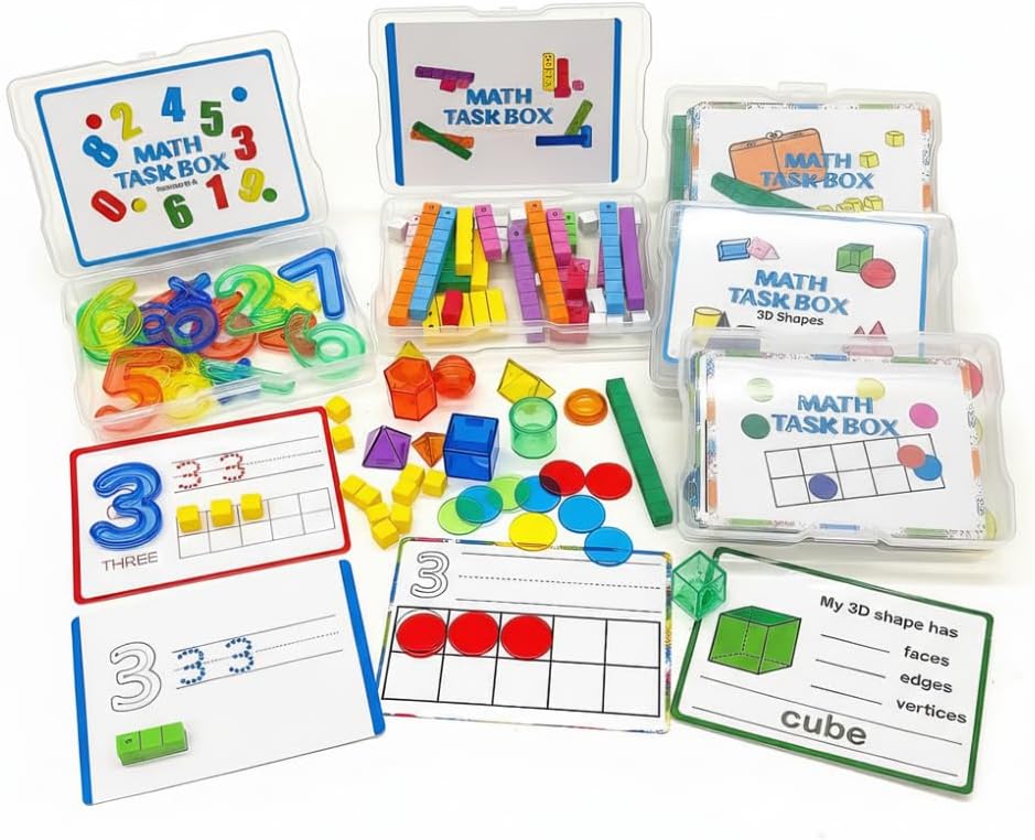 Math Task Boxes Set of 5 Math Manipulatives Themes 230+ Pieces of Number Rods, Base Ten Blocks, Ten Frame Disc Counters, Place Value Blocks, 0-9 Numbers, 3D Shapes, Counting Blocks Activity Cards