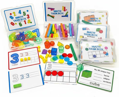 Math Task Boxes Set of 5 Math Manipulatives Themes 230+ Pieces of Number Rods, Base Ten Blocks, Ten Frame Disc Counters, Place Value Blocks, 0-9 Numbers, 3D Shapes, Counting Blocks Activity Cards