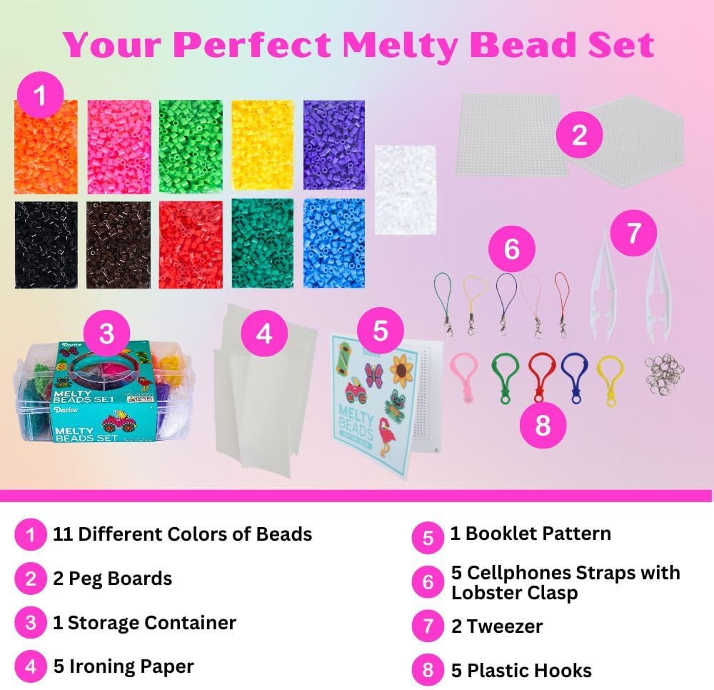 Darice Fuse Beads Kit- 7200 Piece Melty Beads, Arts & Crafts Iron Melting Bead Set for Kids, 11 Colors - Pegboards & Fun Accessories Included for Boys & Girls Ages 6+
