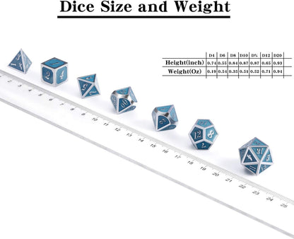 DnDnD Heavy Polyhedral Metal Dice Set with Metal Box, 7-die Shiny Blue Surface with Golden Number for RPG,Dungeons and Dragons,Pathfinder,Shadowrun,D&D,Role Palying Game and Math Teaching - Colors B