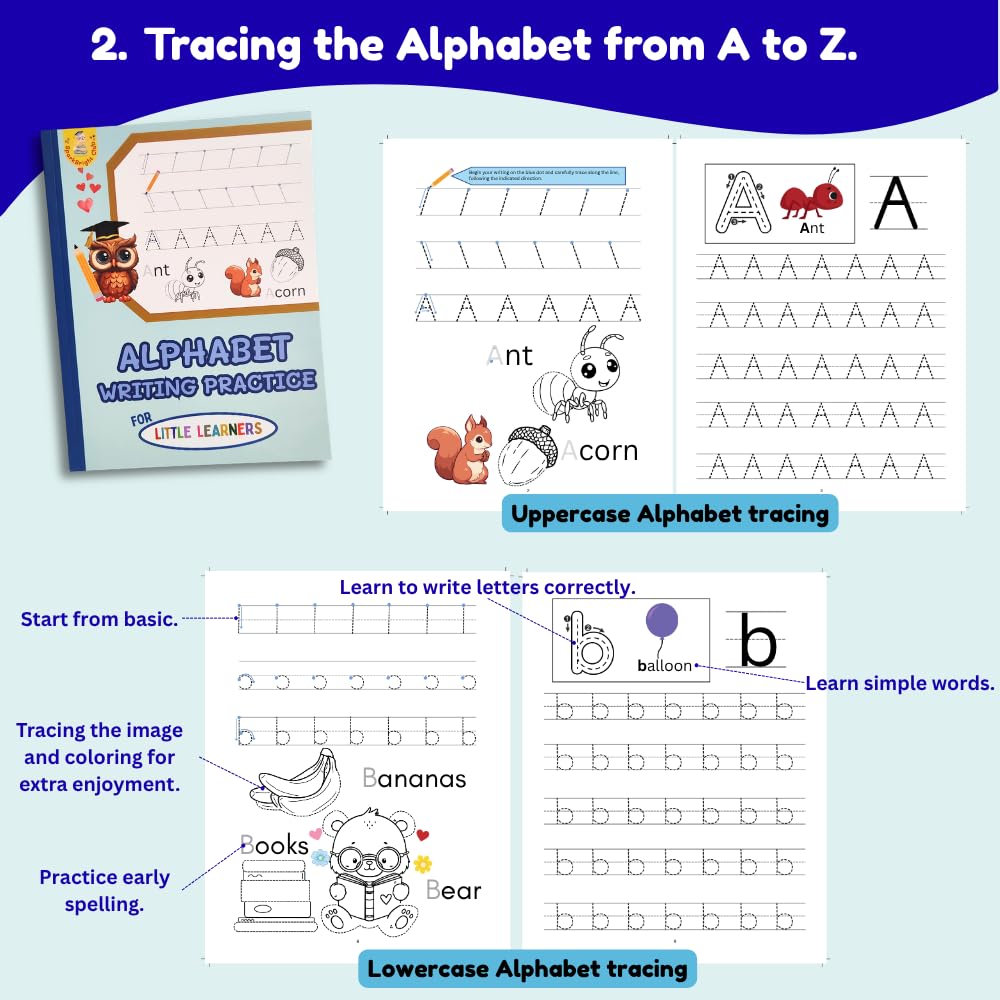 Writing Practice Workbook Set for Kids Ages 3-5 - Tracing Books with Thick Triangular Pencils, Sharpener, Eraser | Learn to Write Letters, Numbers, Lines | Preschool & Kindergarten Homeschool Supplies