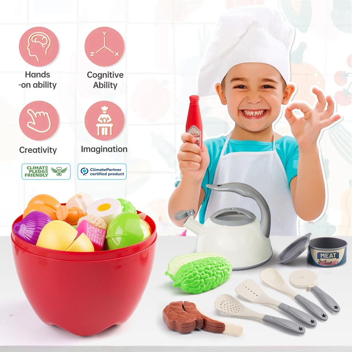130Pcs Kitchen Playset, Toddler Pretend Cooking Play Pots, Pans, Utensils Cookware, Daily Food Fruit Veges, Shopping Storage Basket, Dessert, Prop Money, Learning Gift for Child (Pink)
