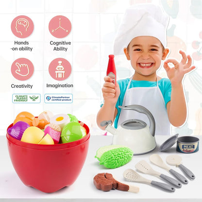 130Pcs Kitchen Playset, Toddler Pretend Cooking Play Pots, Pans, Utensils Cookware, Daily Food Fruit Veges, Shopping Storage Basket, Dessert, Prop Money, Learning Gift for Child (Pink)
