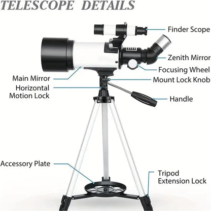 Telescope for Adult, 70mm Aperture 400mm Portable Telescope with Tripod, Finder Scope, Phone Adapter, Carrying Bag, Astronomical Refractors Telescopes for Kids Beginners Adults (White)