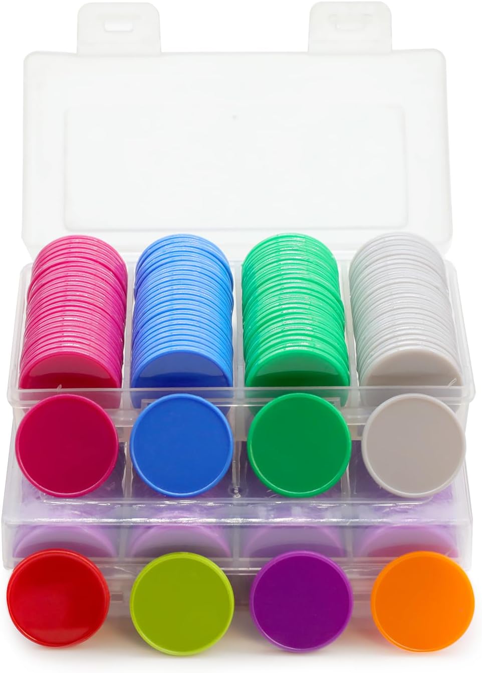 Set of 100 Opaque Plastic Learning Counters Mini Poker Chips Game Tokens with Storage Box (Black+White+Blue+Purple, 1 Inch)