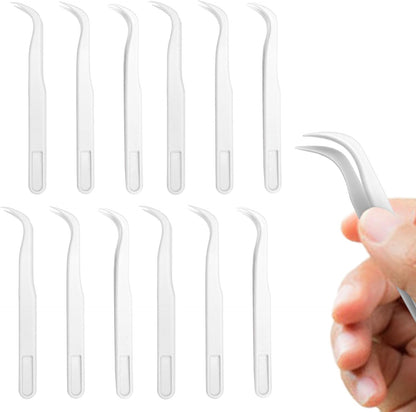 12 Pack 4.5 inches Plastic Tweezers for Kids Crafts for DIY Jewelry Making, beads bracelets, Baking Decoration, Reptile Feeding, Disposable Eyelashes Stickers Tweezers Bulk