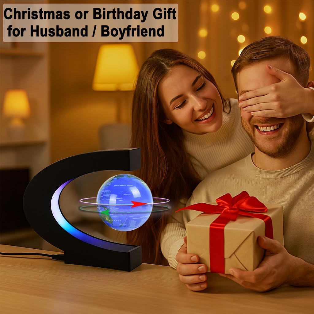Magnetic Levitation Floating Rotating World Globe with LED Light - C Shape Anti Gravity Levitating Globe for Desk Office Decor, STEM Educational Map, Unique Tech Gift for Men Kids Boss, 3.5 Inches