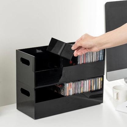 MyGift Modern Premium Clear Acrylic Stackable CD Holder Rack with Cutout Carrying Handles, Compact Disc Jewel Case Display Crate, Media Storage Organizer