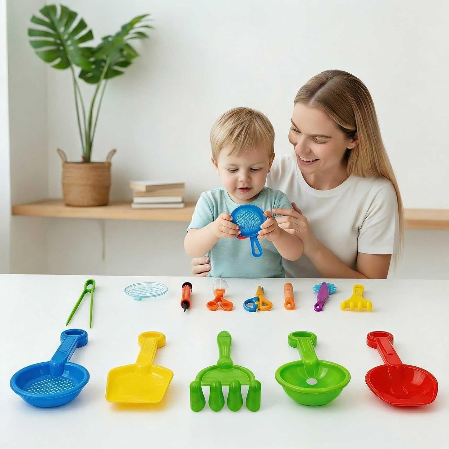 15 Pieces Sensory Bin Filler Sensory Motor Aids, Fine Motor Skills Handy Scooper Set with 5 Scoops, Silicone Tongs, Plastic Forceps, Scissors Clip, Air Pump, Dropper
