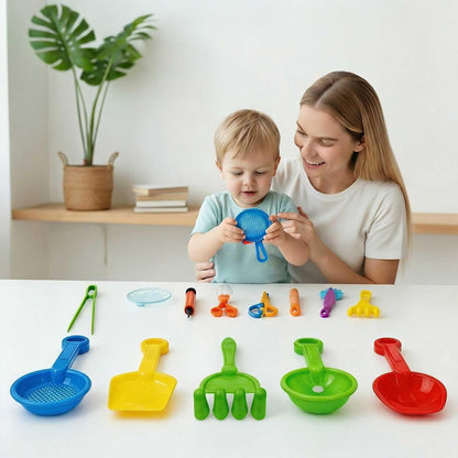 15 Pieces Sensory Bin Filler Sensory Motor Aids, Fine Motor Skills Handy Scooper Set with 5 Scoops, Silicone Tongs, Plastic Forceps, Scissors Clip, Air Pump, Dropper