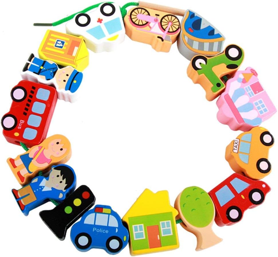 Lacing Farm Toy Wooden Block Set, Early Educational Toys String & Lacing Beads Games for Toddlers Kids Farm Animal Learning Play Set (16 Pieces)