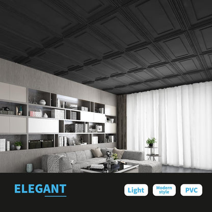 Art3d PVC Ceiling Tiles, 2'x2' Plastic Sheet in Black (12-Pack)