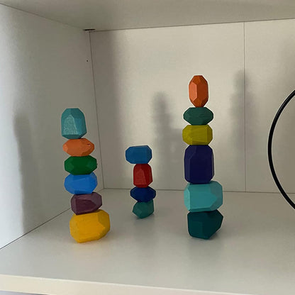 Cllayees 16 Pcs Wooden Stacking Blocks Rocks Building Toys, Colored Solid Wood Stones Pre-School Educational Games Creative Toys for Kids Toddlers