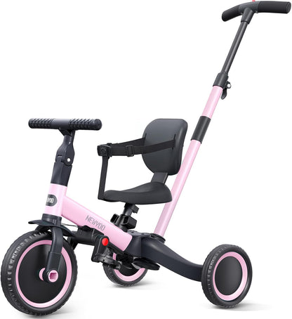 newyoo Toddler Tricycle with Push Handle for 1-3 Year Old, Toddler Bike, Birthday Gift and Toy for Boys and Girls, 5 in 1 Kids Trike, Balance Bike with Backrest and Safety Belt, Khaki, TR007