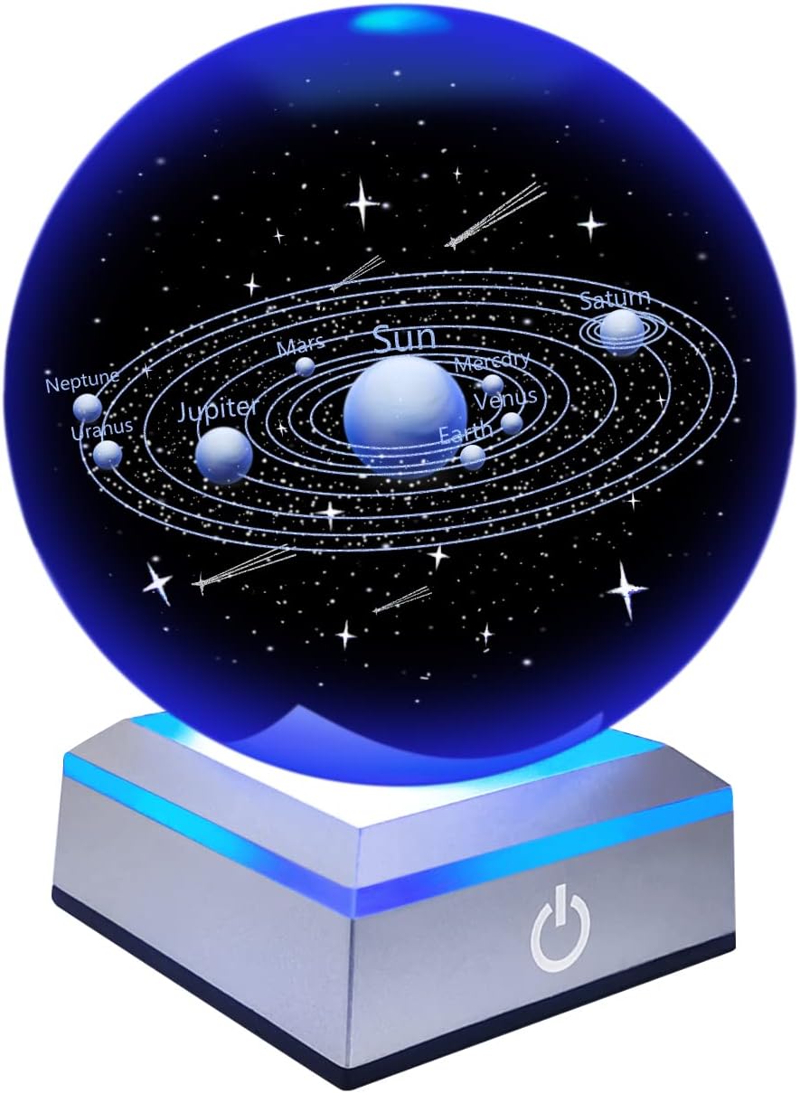 3D Solar System Crystal Ball with LED Touch Base,Solar System Night Light Lamp Gift,Indoor Figurine Lamps Light for Birthday,Christmas,Wedding,Graduation(8cm)