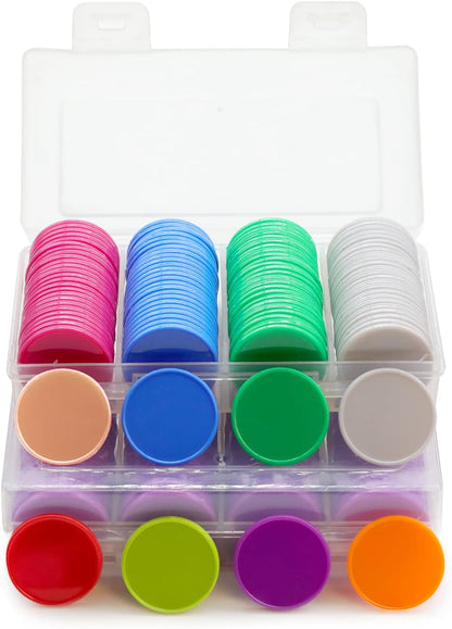 Set of 100 Opaque Plastic Learning Counters Mini Poker Chips Game Tokens with Storage Box (Black+White+Blue+Purple, 1 Inch)